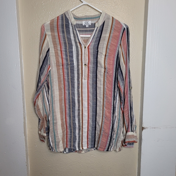 Chic Connection Striped Shirt Womens Size Medium Roll Tab Sleeves - Picture 7 of 9